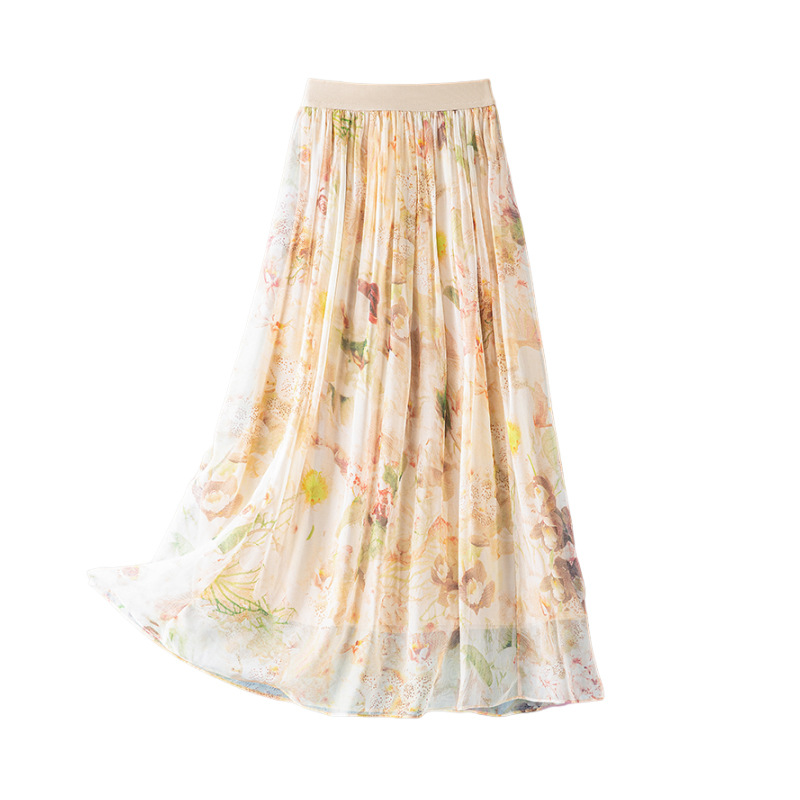 Summer Beige Floral Silk Midi Skirt Elastic Waist Flowy Elegant