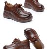 Womens Vintage British Leather Platform Loafers Lace Up Wide Chunky Heel