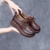 Womens Vintage British Leather Platform Loafers Lace Up Wide Chunky Heel