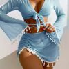 Womens 4-Piece Bikini Set Long Sleeve Tassel Cover-Up Sheer Skirt Solid Quick-Dry Swimwear