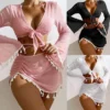 Womens 4-Piece Bikini Set Long Sleeve Tassel Cover-Up Sheer Skirt Solid Quick-Dry Swimwear