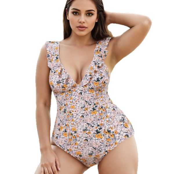 Plus Size Women's Floral One Piece Swimsuit Deep V Ruffle Open Back Tie Padded No Underwire