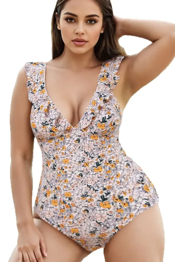 Plus Size Women's Floral One Piece Swimsuit Deep V Ruffle Open Back Tie Padded No Underwire