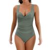 Womens Cross Open Back Solid Tummy Control One Piece Swimsuit Removable Pads