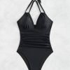 Womens Solid Halter Open Back Ruched Slimming One Piece Swimsuit