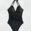 Womens Solid Halter Open Back Ruched Slimming One Piece Swimsuit