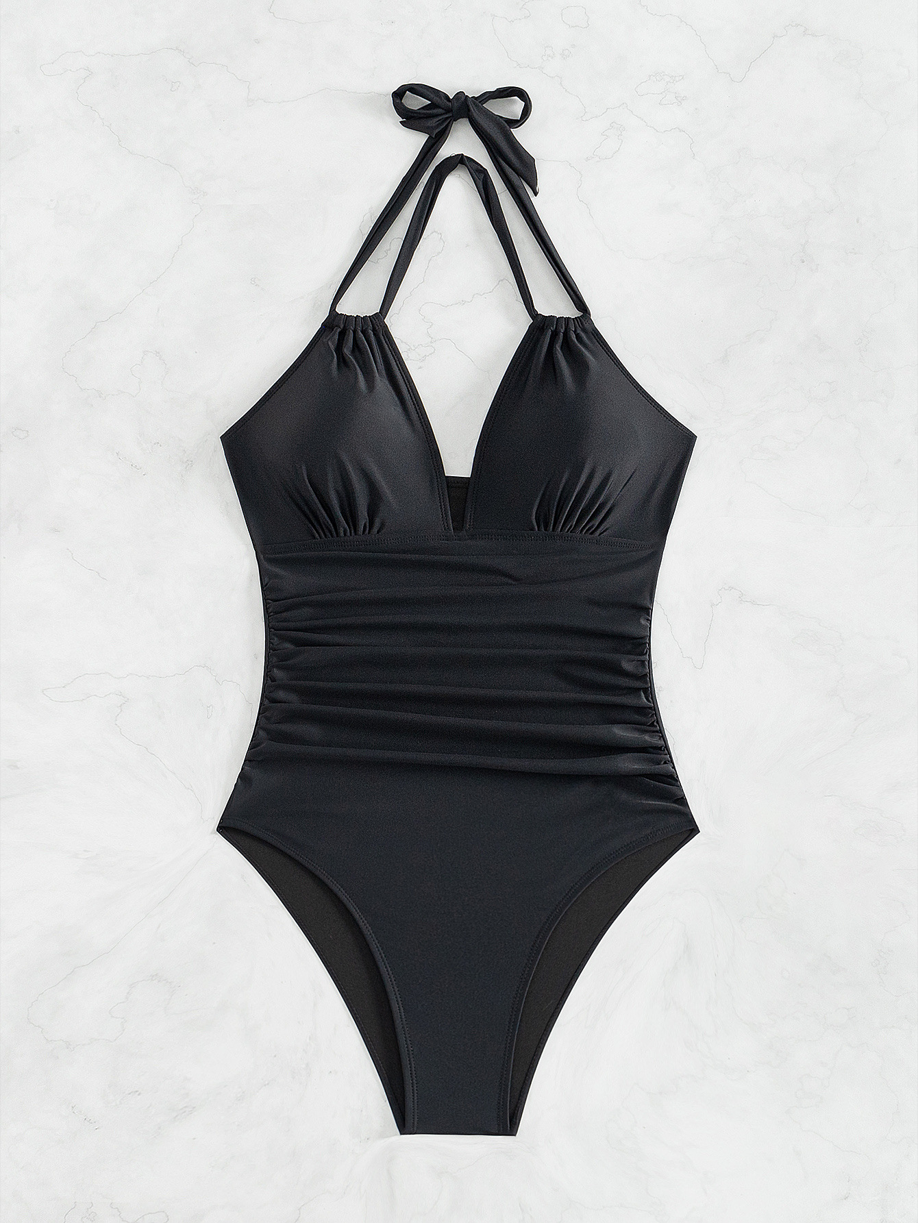 Womens Solid Halter Open Back Ruched Slimming One Piece Swimsuit