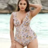 Plus Size Women's Floral One Piece Swimsuit Deep V Ruffle Open Back Tie Padded No Underwire