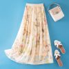 Summer Beige Floral Silk Midi Skirt Elastic Waist Flowy Elegant