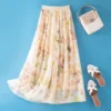 Summer Beige Floral Silk Midi Skirt Elastic Waist Flowy Elegant