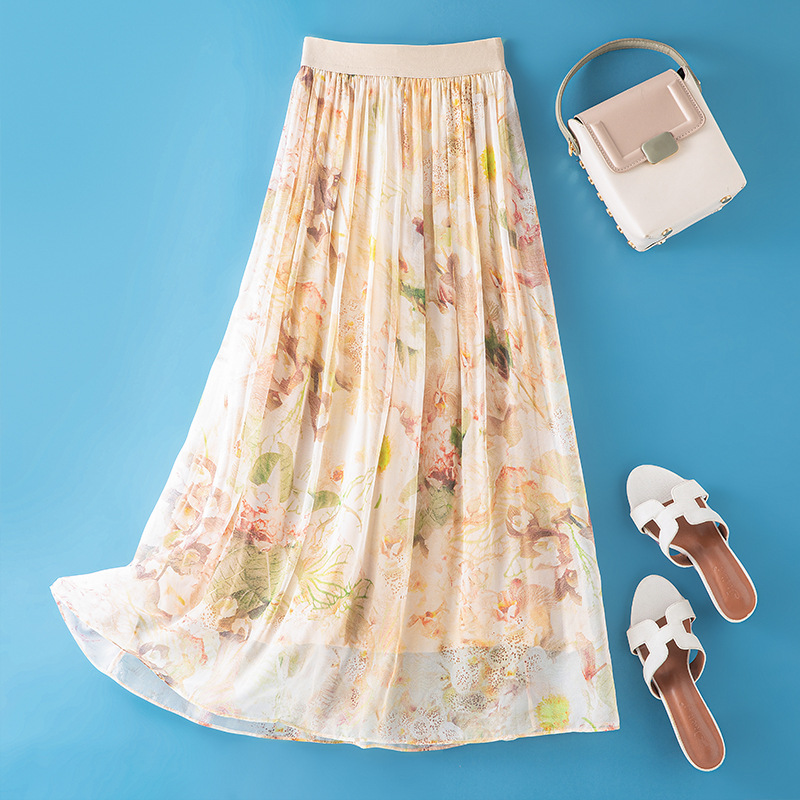 Summer Beige Floral Silk Midi Skirt Elastic Waist Flowy Elegant