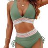 Womens High Waist Deep V Backless Bikini Solid Padded Quick Dry Stretchy
