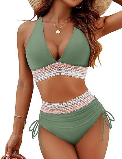 Womens High Waist Deep V Backless Bikini Solid Padded Quick Dry Stretchy