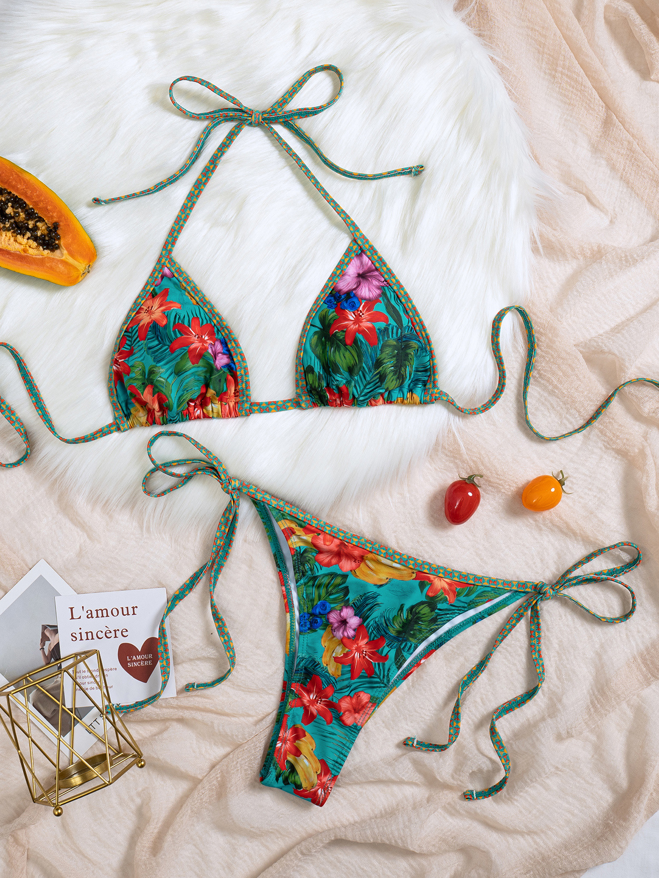 Womens Tropical Floral Tie Side Triangle Bikini With Padding