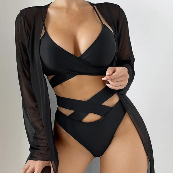 Women's Sheer Mesh Cover Up Bikini Set Sexy Quick Dry High Elastic Long Sleeve