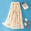 Summer Beige Floral Silk Midi Skirt Elastic Waist Flowy Elegant
