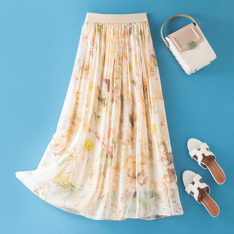 Summer Beige Floral Silk Midi Skirt Elastic Waist Flowy Elegant