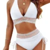 Womens High Waist Deep V Backless Bikini Solid Padded Quick Dry Stretchy
