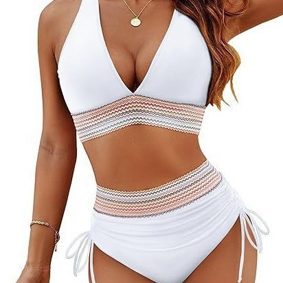 Womens High Waist Deep V Backless Bikini Solid Padded Quick Dry Stretchy