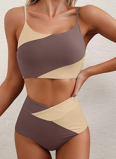 Women's Color Block Cropped Bikini Top Open Back Padded Wireless