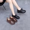 Womens Vintage British Leather Platform Loafers Lace Up Wide Chunky Heel