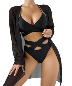 Women's Sheer Mesh Cover Up Bikini Set Sexy Quick Dry High Elastic Long Sleeve