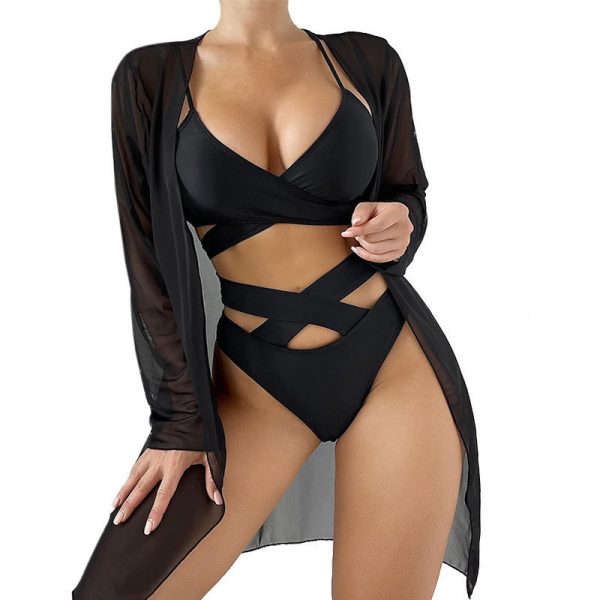 Women's Sheer Mesh Cover Up Bikini Set Sexy Quick Dry High Elastic Long Sleeve