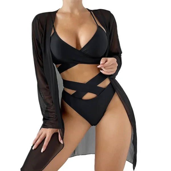Women's Sheer Mesh Cover Up Bikini Set Sexy Quick Dry High Elastic Long Sleeve