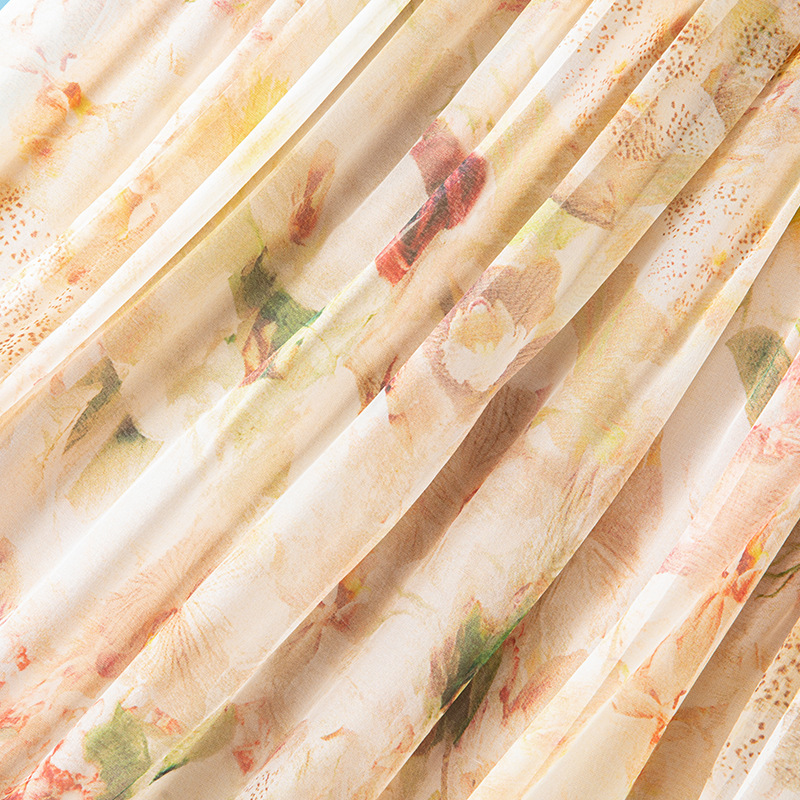 Summer Beige Floral Silk Midi Skirt Elastic Waist Flowy Elegant