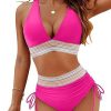 Womens High Waist Deep V Backless Bikini Solid Padded Quick Dry Stretchy