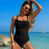 Womens Mesh One Piece Modest Swimsuit Solid Nylon Bust Pad No Underwire