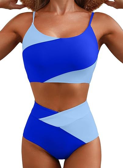 Women's Color Block Cropped Bikini Top Open Back Padded Wireless