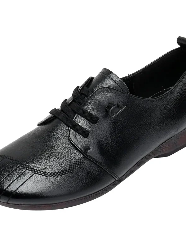Womens Soft Leather Vintage Loafers Flats Wide Spring Fall Casual Lace-Up