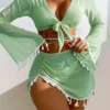 Womens 4-Piece Bikini Set Long Sleeve Tassel Cover-Up Sheer Skirt Solid Quick-Dry Swimwear