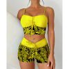 Women's Plus Size Two Piece High Waisted Boyleg Tie Front Printed Color Block Padded Swimsuit