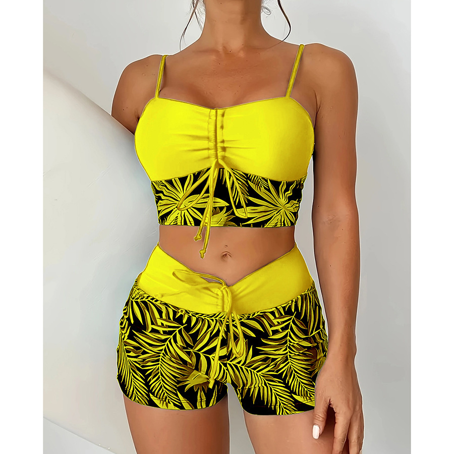 Women's Plus Size Two Piece High Waisted Boyleg Tie Front Printed Color Block Padded Swimsuit