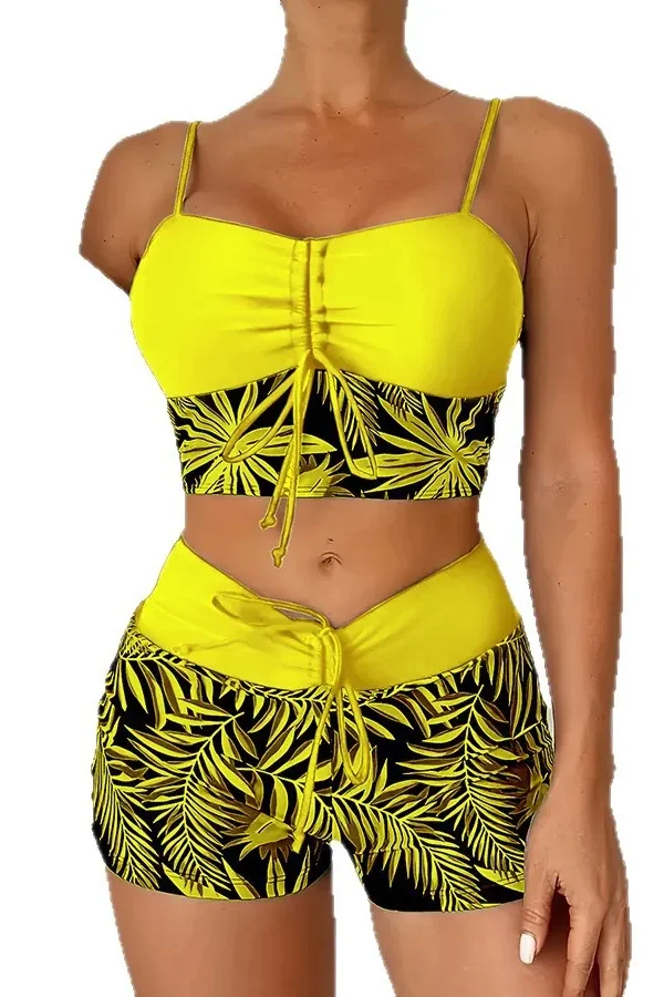 Women's Plus Size Two Piece High Waisted Boyleg Tie Front Printed Color Block Padded Swimsuit