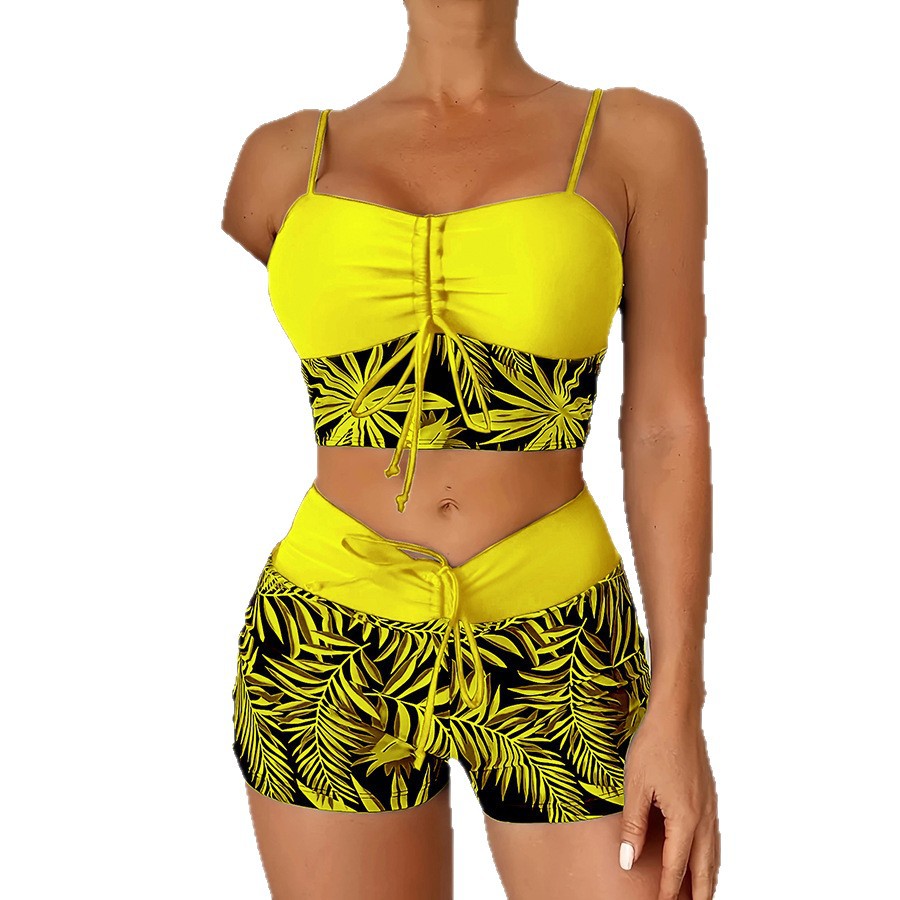 Women's Plus Size Two Piece High Waisted Boyleg Tie Front Printed Color Block Padded Swimsuit