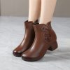 Womens Vintage Embroidered Leather Chunky Heel Round Toe Booties
