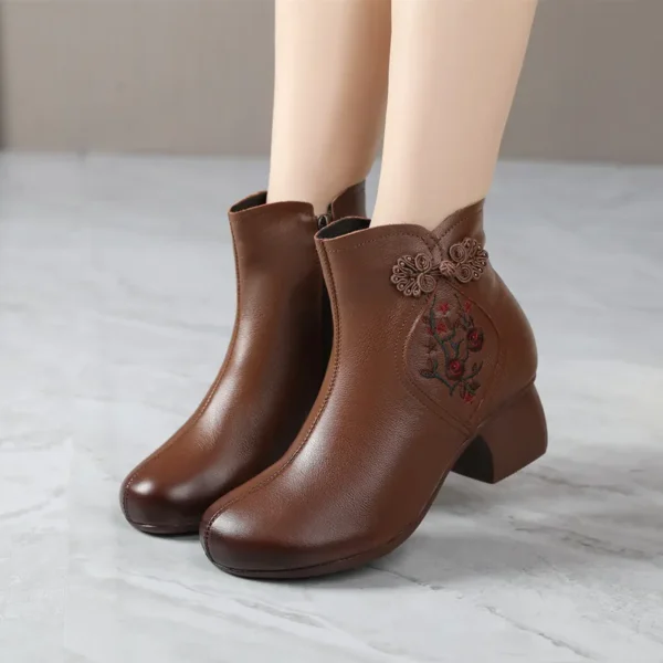 Womens Vintage Embroidered Leather Chunky Heel Round Toe Booties