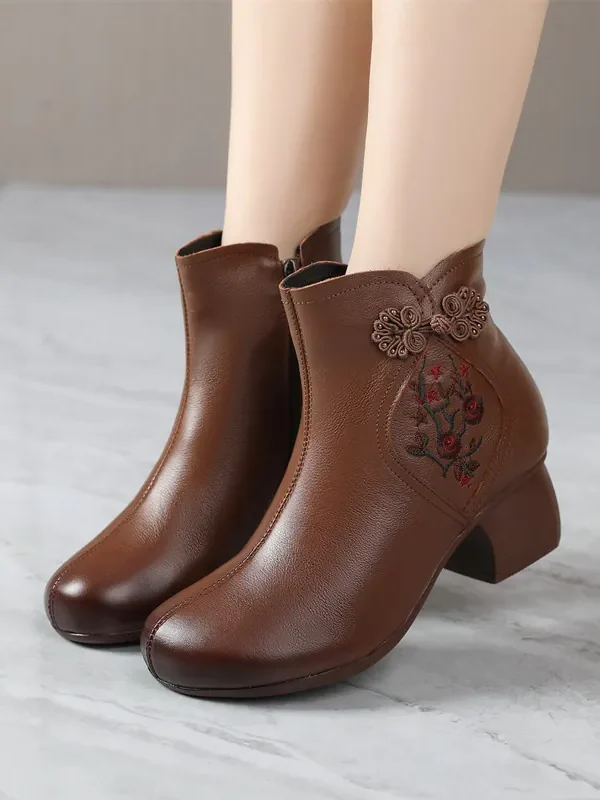 Womens Vintage Embroidered Leather Chunky Heel Round Toe Booties