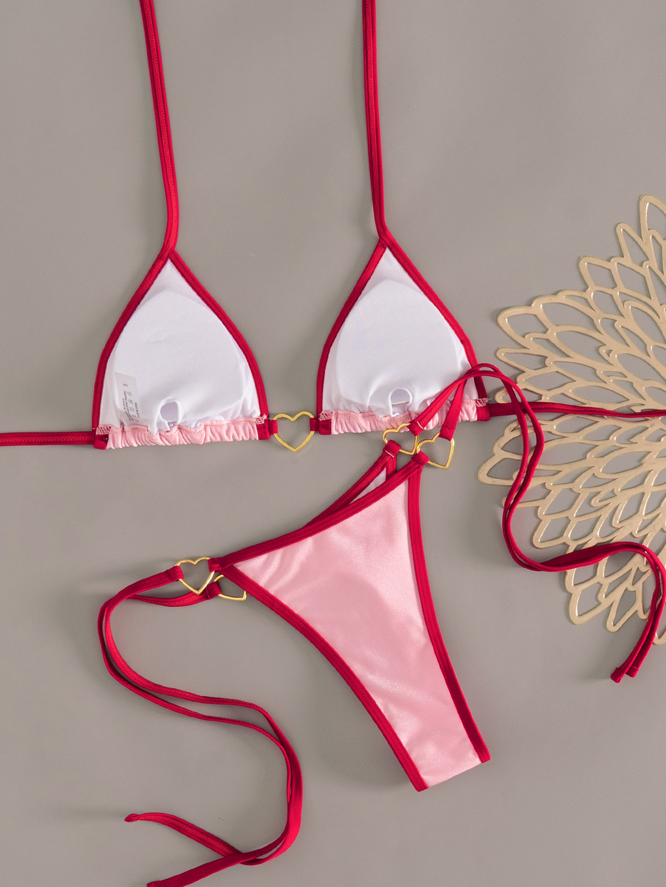 Color Block Heart Bikini Two Piece Tie Strap Open Back Cute Padded