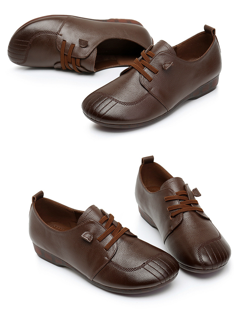 Womens Soft Leather Vintage Loafers Flats Wide Spring Fall Casual Lace-Up