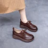 Womens Vintage British Leather Platform Loafers Lace Up Wide Chunky Heel