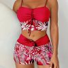 Women's Plus Size Two Piece High Waisted Boyleg Tie Front Printed Color Block Padded Swimsuit