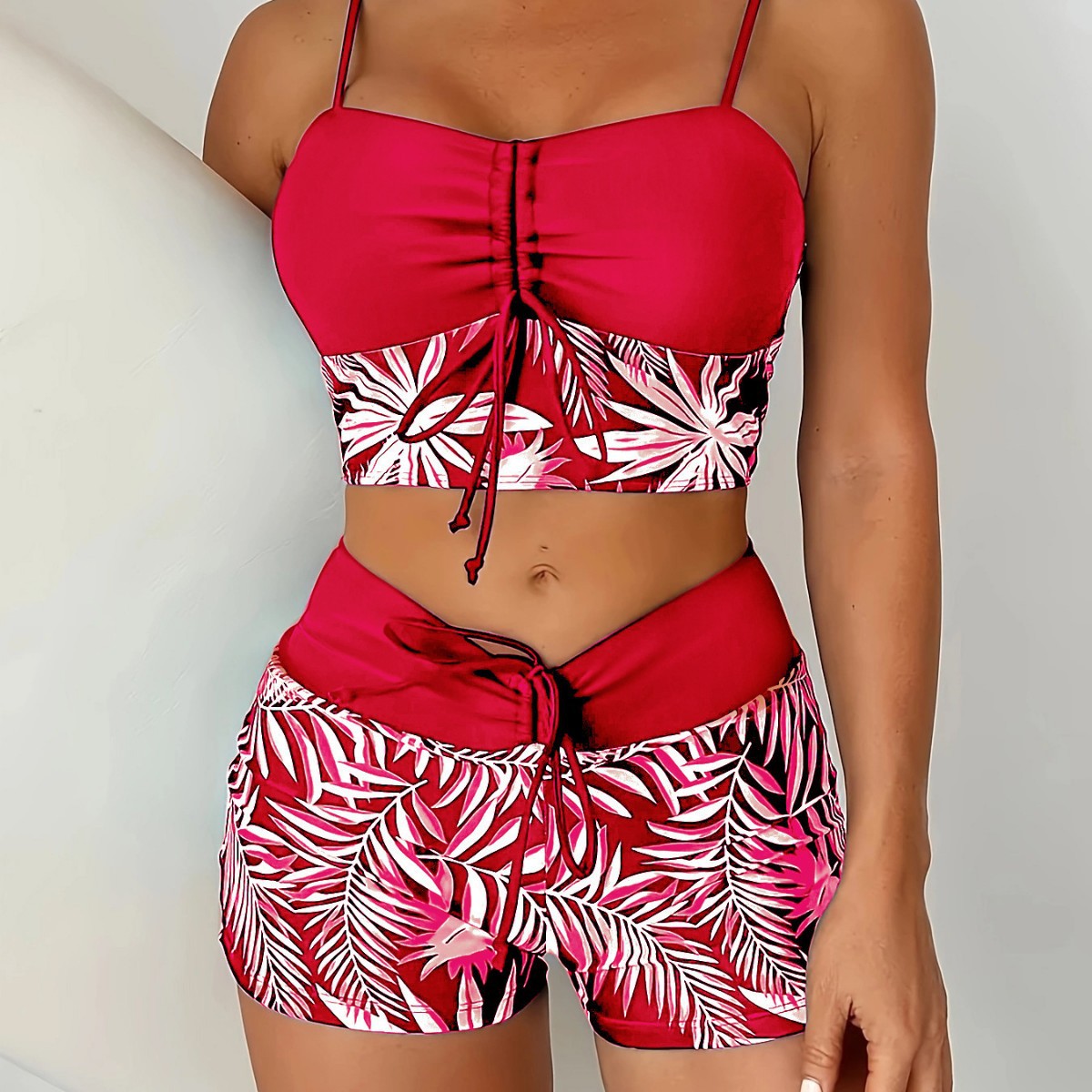 Women's Plus Size Two Piece High Waisted Boyleg Tie Front Printed Color Block Padded Swimsuit