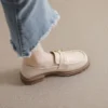 Womens Vintage Loafers Thick Heel Buckle Round Toe Microfiber Shoes