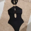 Womens Solid Halter Cutout One Piece Swimsuit Padded Wireless