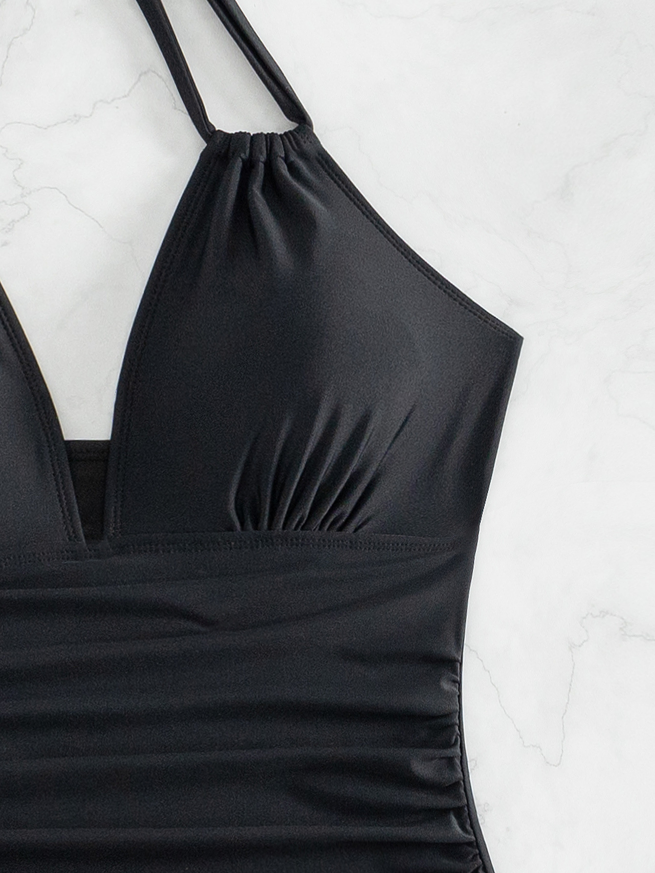 Womens Solid Halter Open Back Ruched Slimming One Piece Swimsuit