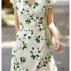 Womens Summer Floral Mulberry Silk Midi Dress V Neck Petal Sleeve High Waist A Line